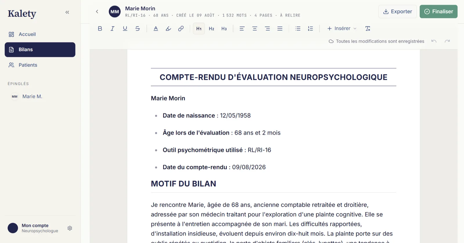 Kalety : éditeur du compte-rendu neuropsychologique avec export Word et PDF